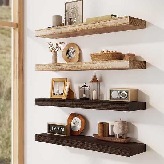 Solid Wood Floating Shelves for Wall 36"W x 8"D x 1.56"H Set of 2, Deep Wall Shelves for Living Room Bedroom Bathroom Kitchen Decor Storage with Invisible Heavy-Duty Metal Bracket, Carbonized Black