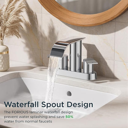 FORIOUS Chrome Bathroom Sink Faucet, Waterfall 4 Inch Centerset Bathroom Faucets with Metal Pop up Drain and cUPC Hose for Basin,Vanity, RV, Pedestal 2 or 3 Hole Sink