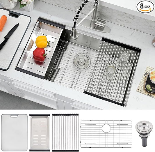 WHaor 33 Inch Kitchen Sink Undermount, 33x19 Stainless Steel Undermount Sink Ledge Workstation 16 Gauge Deep Single Bowl Handmade Under Counter Basin with Cutting Board