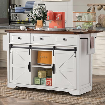 RUNNA Farmhouse Kitchen Island with Power Outlet, 2 Sliding Barn Door Kitchen Storage Island with Drop Leaf, Spice Rack Rolling Kitchen Cart on Wheels, for Home, Kitchen and Dining Room (White~47)