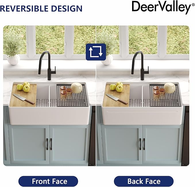 DeerValley Double Bowl Workstation Kitchen Sink 36 inch, Reversible Fireclay Deep Farmhouse Apron Front Kitchen Sinks, White Undermount Farm Sink with Ledge and Accessories