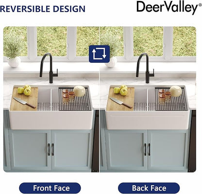 DeerValley Double Bowl Workstation Kitchen Sink 36 inch, Reversible Fireclay Deep Farmhouse Apron Front Kitchen Sinks, White Undermount Farm Sink with Ledge and Accessories