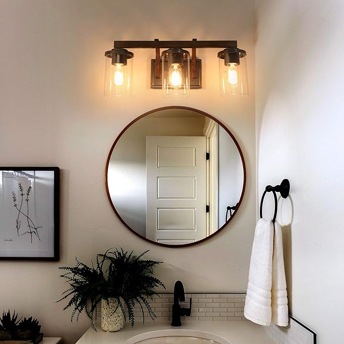 LALUZ Bathroom Vanity Light Fixtures, 3-Light Farmhouse Vanity Light with Clear Glass Shades, Faux Wood, 20’’ L x 6.3’’ W x 8.7’’ H