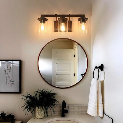 LALUZ Bathroom Vanity Light Fixtures, 3-Light Farmhouse Vanity Light with Clear Glass Shades, Faux Wood, 20’’ L x 6.3’’ W x 8.7’’ H