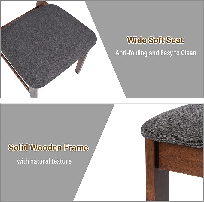 Wood Kitchen Dining Set of 2 Mid-Century Farmhouse Chairs With Upholstered Seat & Curved Backrest - Solid Wooden Brown