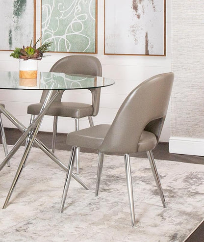 Sunset Trading Mia Faux Leather Dining Chair | Polished Chrome Silver Tapered Legs | Mushroom Taupe Gray Padded Seat w Arched Open Back | Set of 2 | Contemporary Mid-Century Modern Kitchen Sidechairs