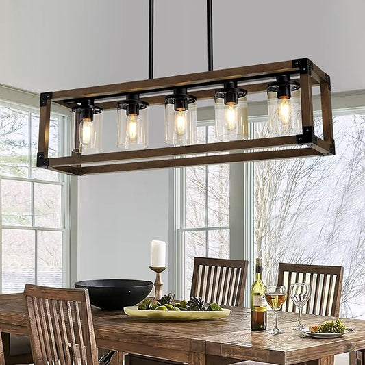 5-Light Kitchen Island Light Fixtures, Black Rectangle Farmhouse Chandeliers, Dining Room Light Fixture Chandelier Over Table, Rustic Wooden Large Pendant Lights kitchen island, with Clear Glass Shade
