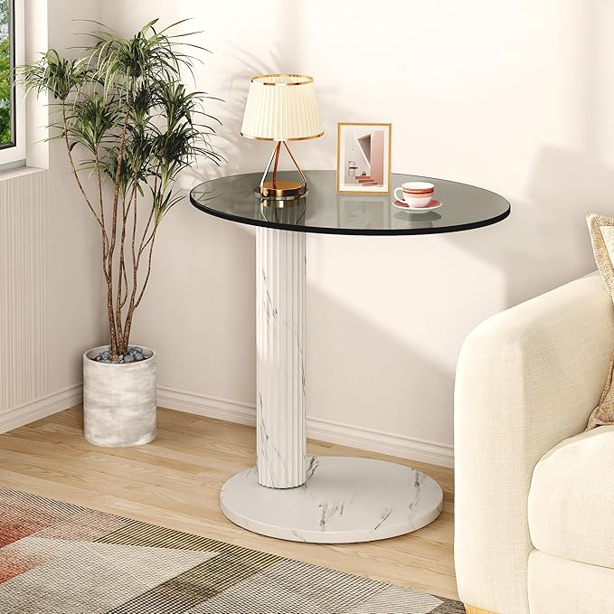 Hooseng Glass Round Coffee Table End Table, 22-Inch Modern Tempered Transparent Glass Top,Perfect for Living Room,Cafe,Home,and Office(White)