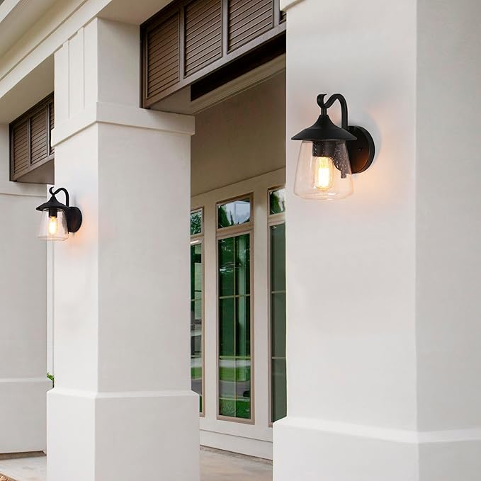 LALUZ Black Outdoor Wall Lights for House, Farmhouse Waterproof Anti-Rust Porch Lights Outdoor with Mushroom Seeded Glass, Outdoor Exterior Wall Sconce Light Fixtures Wall Mount for Patio Garage