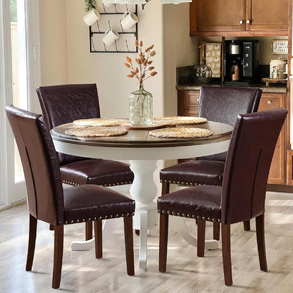 COLAMY Upholstered Parsons Dining Chairs Set of 4, PU Leather Dining Room Kitchen Side Chair with Nailhead Trim and Wood Legs - Dark Brown