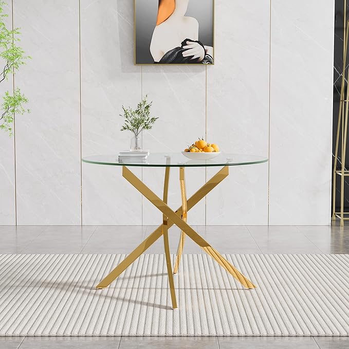 Round Dining Table, 36 Inch Glass Kitchen Table for 4 People, Tempered Glass Dinner Room Table with Gold X Metal Legs, Modern Circle Small Coffee Table for Home Dining Room Kitchen Restaurant