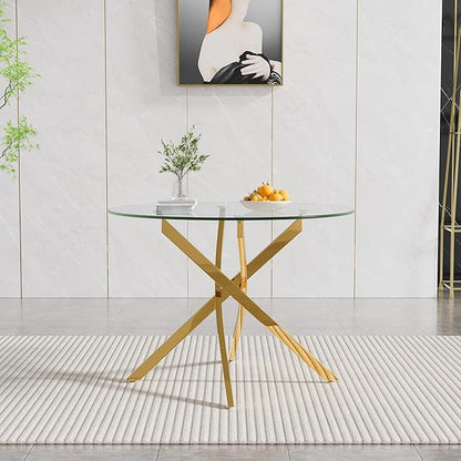 Round Dining Table, 36 Inch Glass Kitchen Table for 4 People, Tempered Glass Dinner Room Table with Gold X Metal Legs, Modern Circle Small Coffee Table for Home Dining Room Kitchen Restaurant