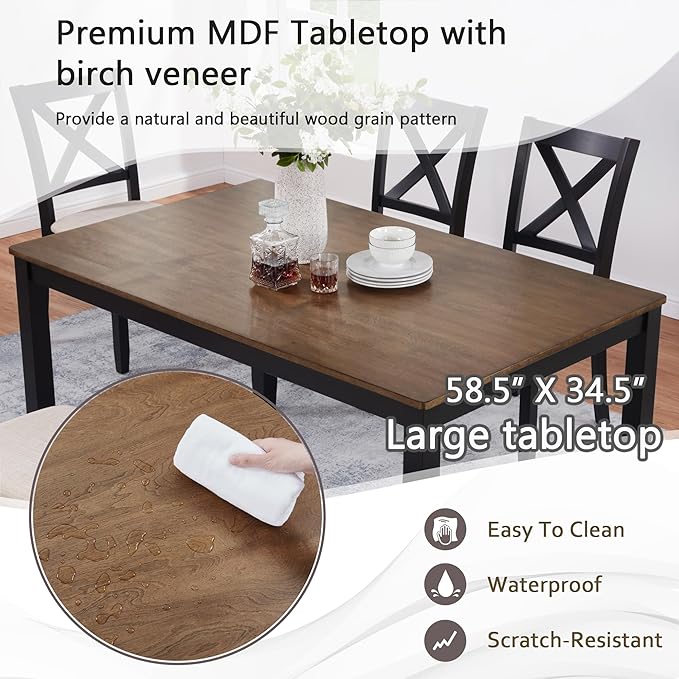 6 Piece Wooden Dining Table Set with Bench, Classic Farmhouse Dining Table Set for 6, Timeless Black and Oak Two Tone Dining Room Set for Kitchen and Dining Room