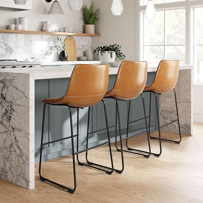 LEMBERI 30 inch Bar Stools Set of 3, Modern Counter Height Bar Stools, Faux Leather Barstool with Back and Metal Leg, Armless Bar Chairs for Kitchen Island (Whisky, 3pcs 30")