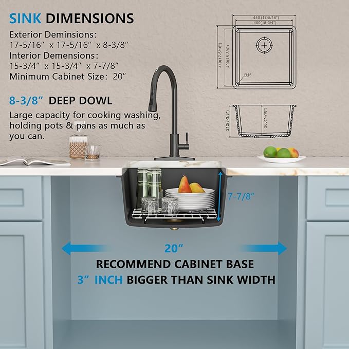 17"x17" Undermount Bar Prep Sink – Matte Black Granite Composite Quartz Classic Under Counter Single Bowl Sink Basin for Wet Bar, RV, Small Kitchen