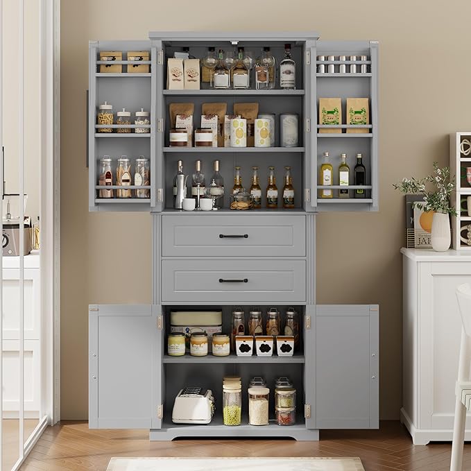 Storage Cabinet with 4 Doors and 2 Drawers, 72.5" H Kitchen Cabinet with 6 Door Shelves, Kitchen Storage Cabinets with Adjustable Shelves for Living Room, Gray