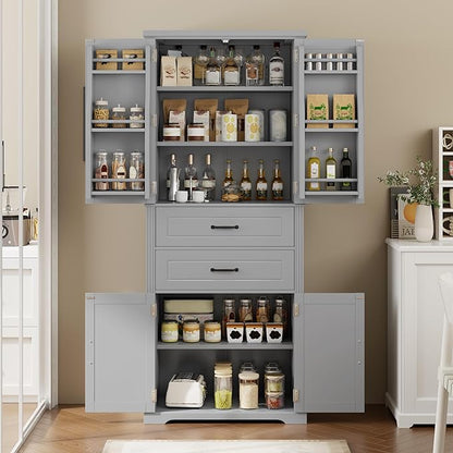 Storage Cabinet with 4 Doors and 2 Drawers, 72.5" H Kitchen Cabinet with 6 Door Shelves, Kitchen Storage Cabinets with Adjustable Shelves for Living Room, Gray