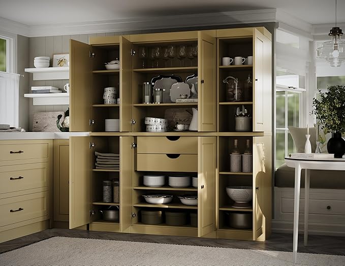 Palace Imports Solid Wood Pantry Cabinet - 71.5" Tall, 65" Wide Freestanding Cupboard with 2-Drawer Kit & Adjustable Shelves – Yellow, Renewable Eco-Friendly 100% Wood, Made in Brazil