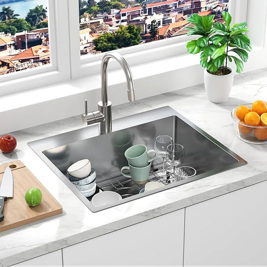 28x20 Drop In Kitchen Sink, 18 Gauge T304 Stainless Steel Top Mount Single Bowl, 9 Inch Deep, R10 Corners, Quiet & Anti-Condensation, with Bottom Grid & Basket Strainer