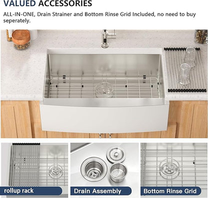 Lordear 33 Inch Farmhouse Kitchen Sink Apron Front 16 Gauge Stainless Steel Single bowl Farmer Sink Single Basin Round Corners 33X21X10 Farm Sinks