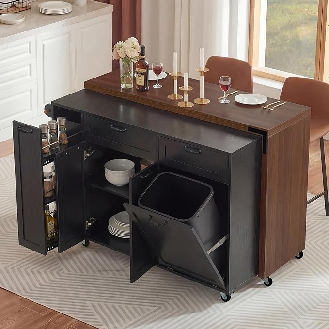 Kitchen Island with Extendable Dining Table Rolling Cart with Trash Storage Cabinet and 3-Tier Pull-Out Spice Rack for Dining Room Practical(Black)