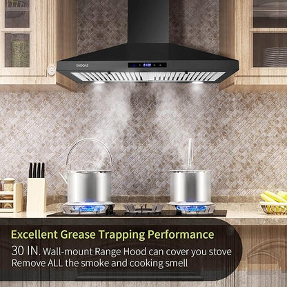 SNDOAS Black Range Hood 30 Inch,Stainless Steel Wall Mounted Kitchen Hood with Touch Controls, Ducted/Ductless Convertible,Chimney-Style Stove Hood Vent for Kitchen,Baffle Filters,Black Painted Finish