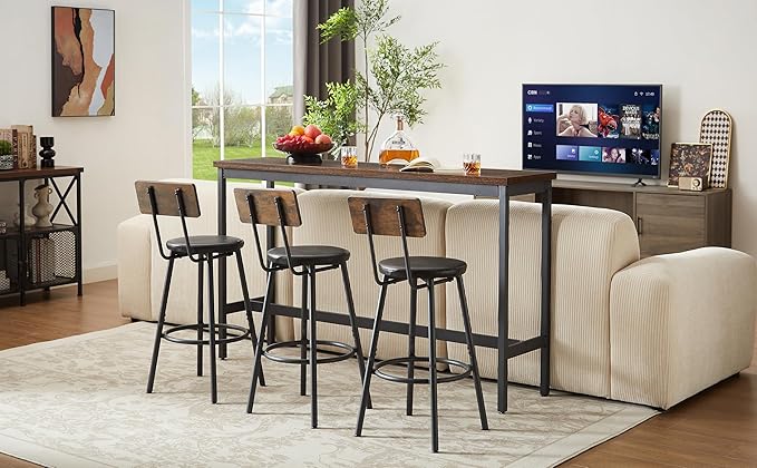 Long Bar Table Set with 3 PU Upholstered Stools, Industrial Bar Table and Chairs for Kitchen Breakfast Table, Living Room, Banquet Hall, Rustic Brown and Black, 63″L x15.7"W x 37.5"H (Rustic Brown)