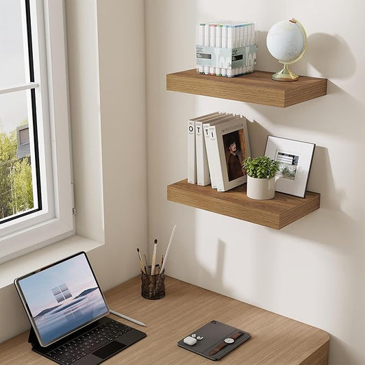 Dreamland 16 Inches Floating Shelves for Wall,6.7 Inch Deep Floating Shelves Set of 2, Large Display & Storage Shelf, Wall Shelf for Bathroom Bedroom Living Room Kitchen Office,Walnut