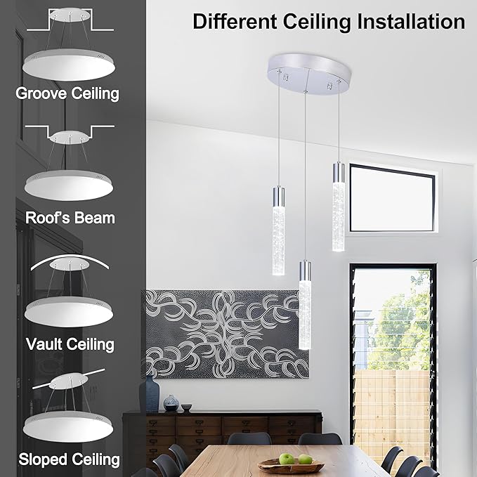 3 Light Pendant Lights Kitchen Island,Modern LED Bubble Crystal Pendants with Dimmable 3000K-6000K Ceiling Hanging Light Fixture for Dining Room Bedroom,Chrome Finish,Adjustable Height 59"