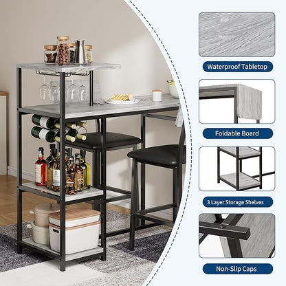 GAOMON 3-Piece Dining Set, Bar Table and Chairs Set for 2, High Top Table and Upholstered Chairs with Storage Shelves, Breakfast Nook, Bar Pub Set for Kitchen, Home Bar, Small Space