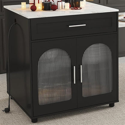 80" Expandable Kitchen Island with Dining Table, Marble Countertop & Power Outlet, Mobile Storage Cart with Cabinet & 2 Drawers, Black Kitchen Prep Table