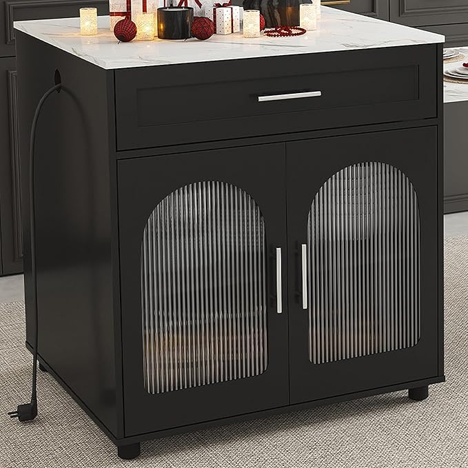 80 inch Expandable Kitchen Island with Dining Table, Marble Grain Countertop with Power Outlet, Mobile Storage Cart with Cabinet 2 Drawers, Kitchen Prep Table (Black) HO71
