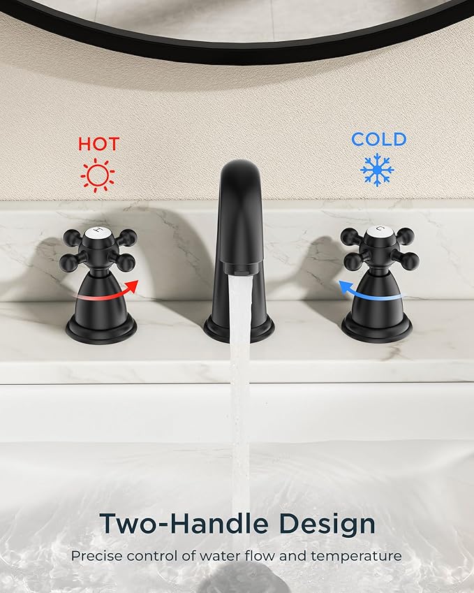 FORIOUS Bathroom Sink Faucet 8 Inch, Matte Black Bathroom Faucet 3 Hole with Pop Up Drain and Water Hose Supply, 2 Crosse Handle Design,for Vanity RV Farmhouse Sink