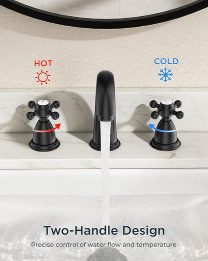 FORIOUS Bathroom Sink Faucet 8 Inch, Matte Black Bathroom Faucet 3 Hole with Pop Up Drain and Water Hose Supply, 2 Crosse Handle Design,for Vanity RV Farmhouse Sink
