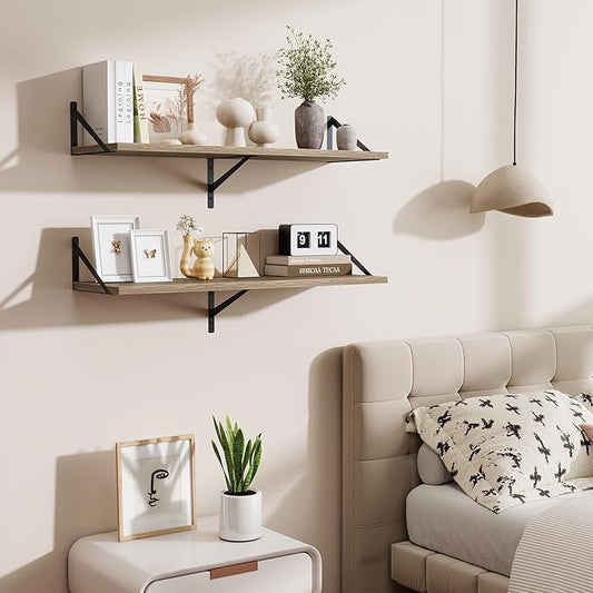 Acovy Deep Floating Shelves for Wall,36" Wx10 D Wood Wall Shelves with Metal Brackets,Hanging Storage Floating Shelf for Living Room,Bedroom,Bathroom,Office,Kitchen,Grey