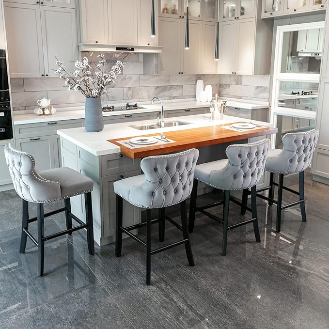 Rhomtree Elegant Button Tufted Upholstered Fabric Bar Stools with Nailhead Trim, Dining Side Chair, Leisure Padded Chairs with Solid Wooden Legs Home Kitchen Island Wooden Bar Chairs (Grey, Set of 2)