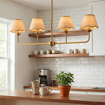Boho Industrial 4-Light Linear Kitchen Island Light, 39" Gold Rattan Chandelier with Woven Rattan Shades, 180° Rotatable & Height Adjustable Dining Room Lighting for Living Room Bar, E12 Base