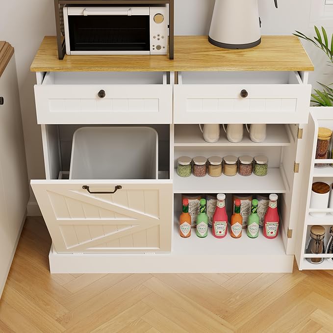 Ball & Cast Kitchen Trash Can Storage Cabinet with 2 Drawers & 1 Tilt Out Trash Cabinet & 1 Door with Storage Rack & 2 Shelves,Wooden Trash Can for Kitchen, Bathroom and Living Room