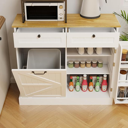 Ball & Cast Kitchen Trash Can Storage Cabinet with 2 Drawers & 1 Tilt Out Trash Cabinet & 1 Door with Storage Rack & 2 Shelves,Wooden Trash Can for Kitchen, Bathroom and Living Room