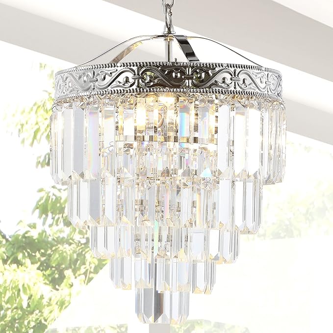 JONATHAN Y 12" Polished Nickel/Clear 2-Light LED Chandelier, Modern Tiered Pendant Light Fixture for Dining Room, Bedroom, Entryway with Clear Faceted Crystal Shade JYL9006A