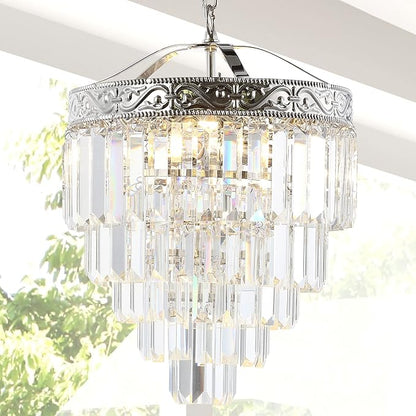 JONATHAN Y 12" Polished Nickel/Clear 2-Light LED Chandelier, Modern Tiered Pendant Light Fixture for Dining Room, Bedroom, Entryway with Clear Faceted Crystal Shade JYL9006A
