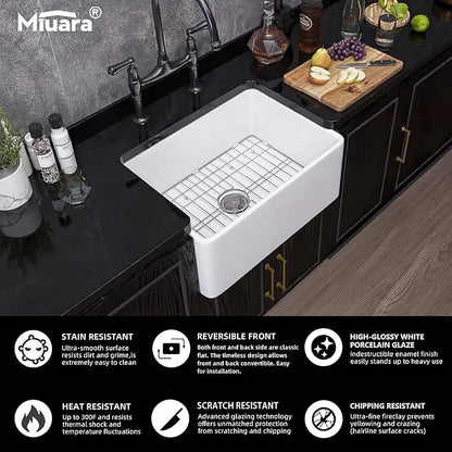 Miuara Farmhouse Sink 24 Inch - Small Apron Front Undermount Kitchen Sink Reversible 24"x18"x10", Farm House Style Single Bowl, Heavy Duty Solid Fireclay, Glossy White, for Kitchen & Laundry & Powder
