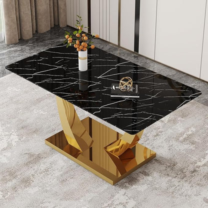 AZmac 63'' Black Dining Room Table for 4-6, Faux Marble Dining Table with Gold Base, Rectangle Kitchen Table with Tempered Glass Top for Kitchen Dining Room