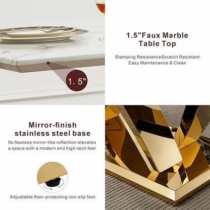 70" Faux Marble Dining Table for 6-8 People, Modern Rectangular Kitchen Table with Gold Mirror Finish Stainless Steel Base, Large Dining Room Table (Gold + Grey, Type2 + 70" Rectangle)