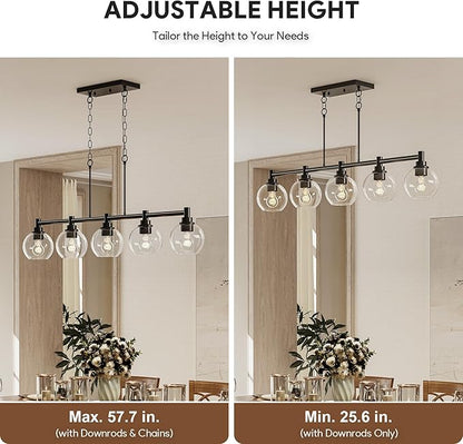 VONLUCE Dining Room Light Fixture Over Table, 5-Light Kitchen Island Lighting with Round Glass Shades & Adjustable Hanging Heights, Linear Chandlier for Dining Room Kitchen, Black, ETL Certificated