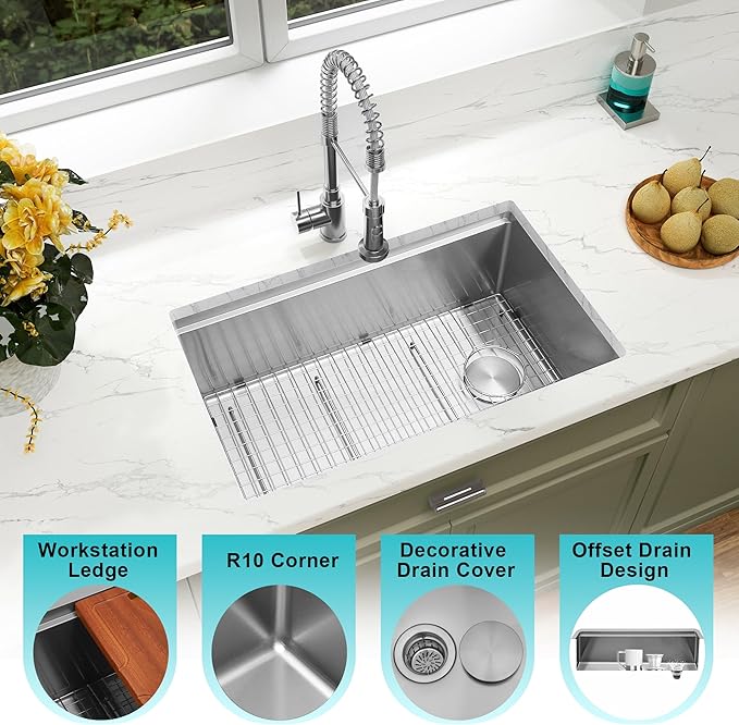 Undermount Kitchen Sink 30 inch,16 gauge Stainless Steel Workstation Sink,Deep and Large Single Bowl Kitchen Sinks Offset Drain (30" X 18")