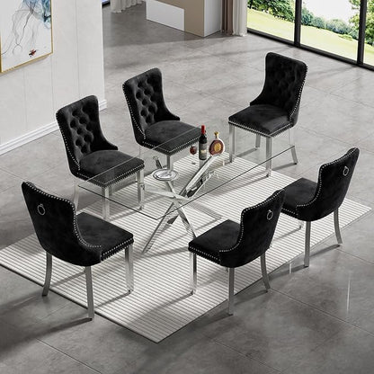 51-Inch Glass Dining Room Table for 4-6 People, Modern Rectangular Kitchen Dining Table with Silver Cross-Shape Stainless Steel Legs for Apartment Kitchen Dining Room