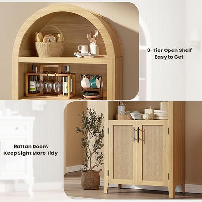 Garvee Arched Kitchen Pantry Storage Cabinet - 5-Tier Open Display Shelf with Rattan Decor, Farmhouse Storage Cabinet for Kitchen, Dining Room, Living Room, Natural