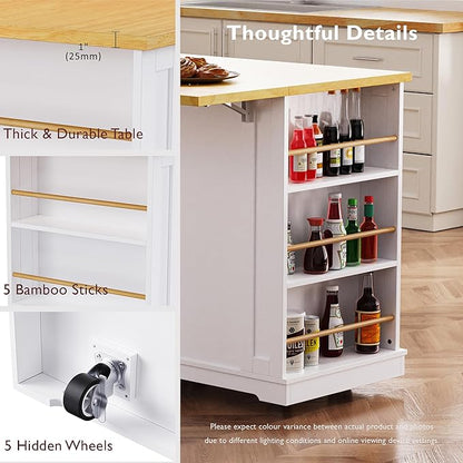 Merax Farmhouse Kitchen Island on Wheels with Drop Leaf & Power Outlet, Wood Kitchen Rolling Cart with Internal Storage Rack, 2 Drawers & 5 Side Shelves, 48" Wide White