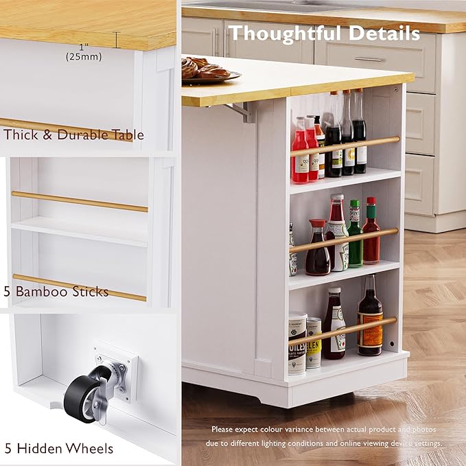 Ball & Cast 48" Large Kitchen Island with Power Outlet and Adjustable Shelf,Rolling Kitchen Cart on 5 Wheels W/Drop Leaf & 5 Open Side Racks,Kitchen Storage Cart for Dining Room,White,48"